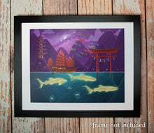 Load image into Gallery viewer, &#39;Junk Ship and Glow Sharks&#39; Art Print-TeaToucan
